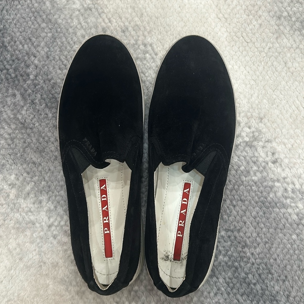 Prada - Black Suede Slip Ons